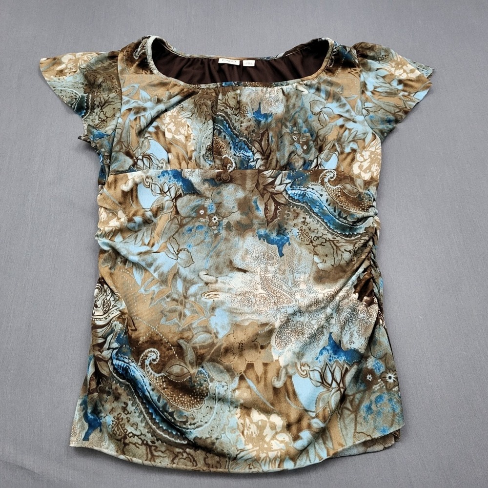 Cato Womens Large Brown Blue Paisley‎ Floral Ruched Short Flutter Sleeve Blouse